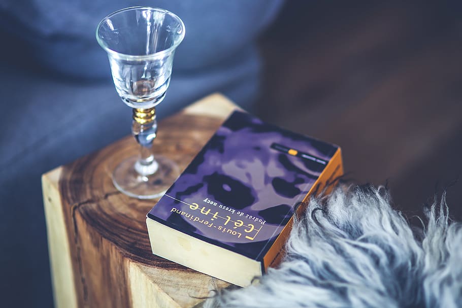 footed glass, book, wood slab, wine, glsss, wood, wooden, stool, alone, lonely