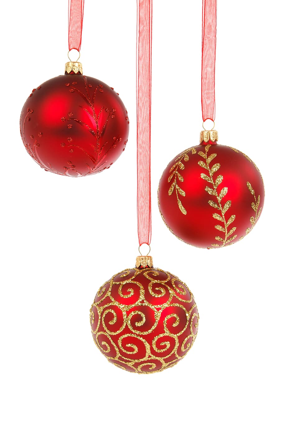 tres bolas rojas, bola, bolas, adorno navideño, celebración, diciembre, decoración, decorativos, vidrio, colgantes
