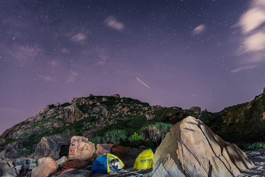 two, green-and-blue dome tents, brown, rock, nighttime, family, camping, mountain, night, skies