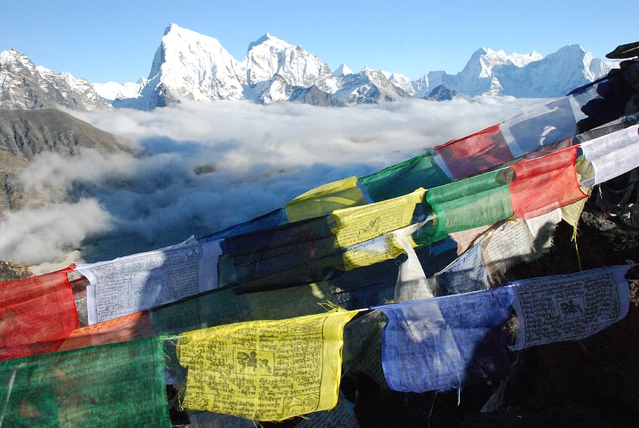 the himalayas, nepal, prayer flags, tibetan flags, mountain, sky, day, beauty in nature, scenics - nature, nature