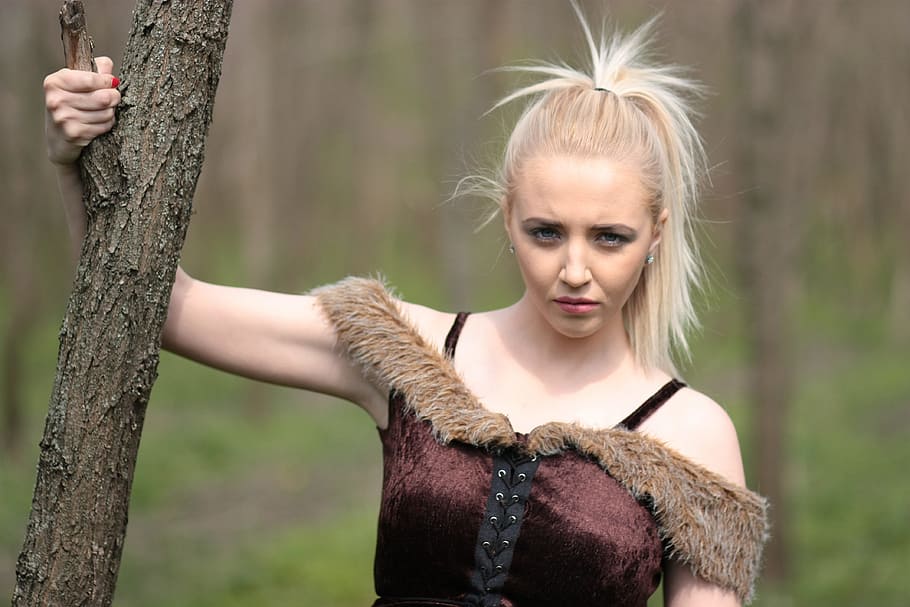 woman, holding, tree branch, girl, warrior, blonde, wild, forest, beauty, blond hair