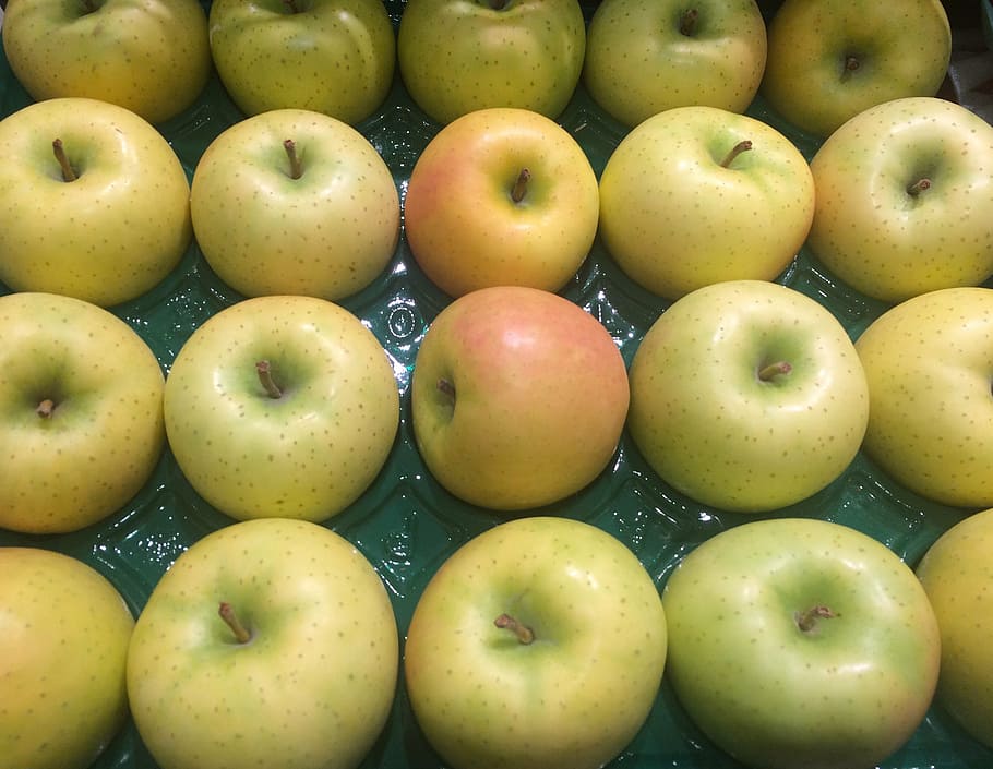 maçã, maçã verde, fruta, jovem e vivaz, amarelo, rosa, pilha, seiyu ltd, vivendo, supermercado