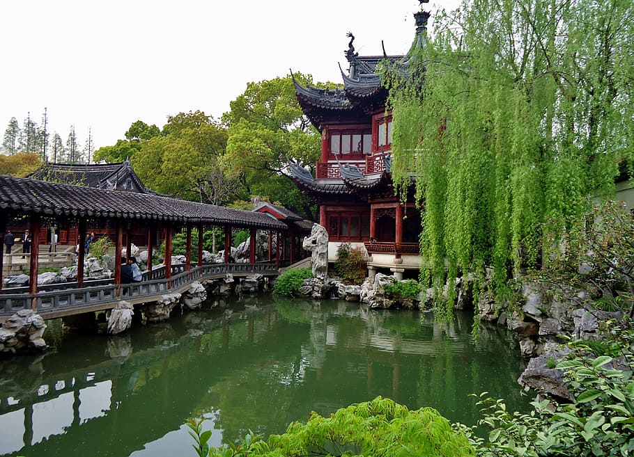 red, black, pagoda, garden, temple, china, shanghai, basin, water, tree