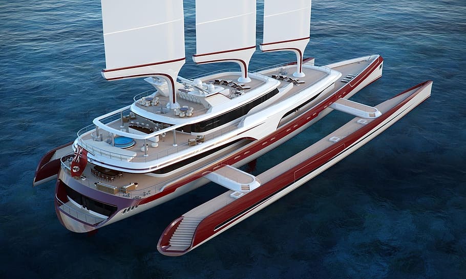 white, red, catamaran, body, water, trimaran, super trimaran, superyacht, luxury, yacht