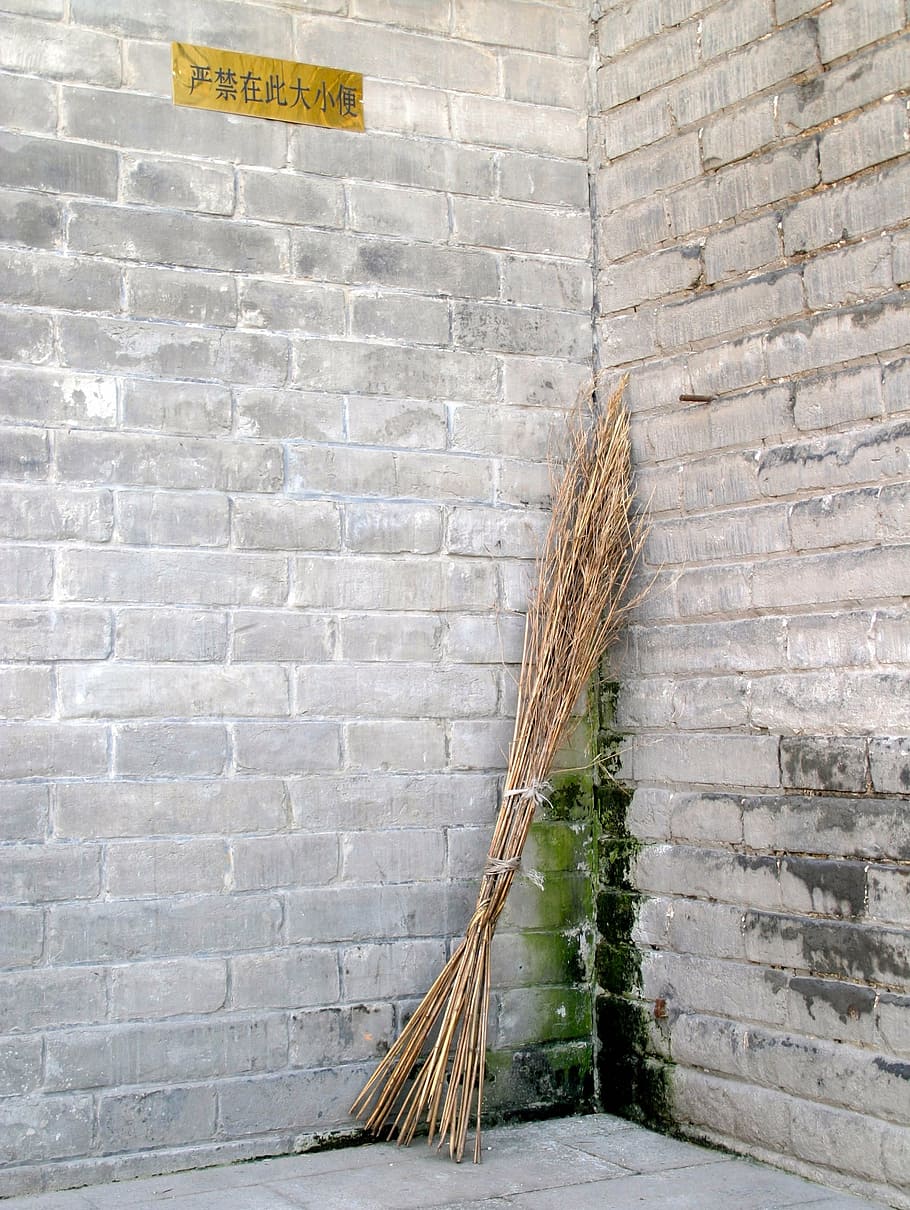 broom, china, clean, wall - building feature, brick wall, brick, architecture, built structure, wall, day