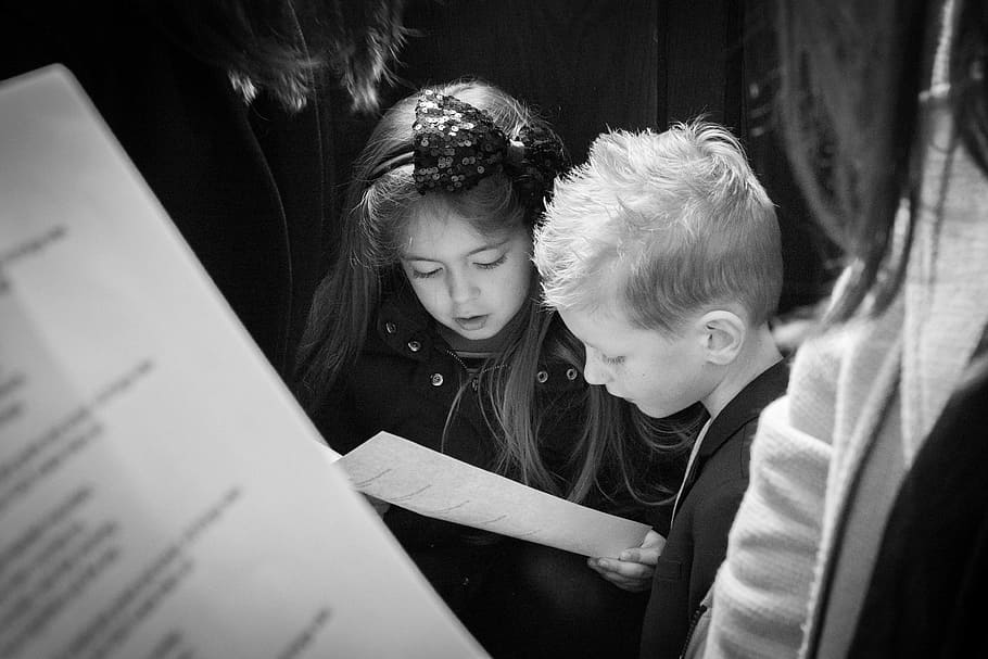 two, girl, boy reading, church, singing, hymn, brother and sister, toddlers, children, religious