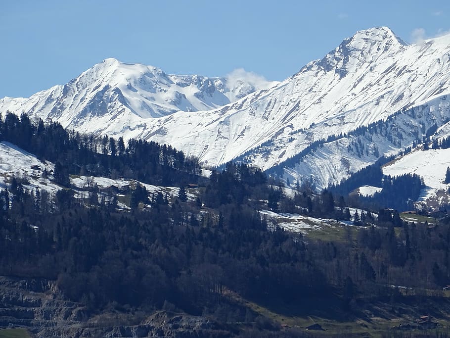 alpine, pegunungan, lanskap, salju, musim dingin, alam, langit, biru, hutan, puncak