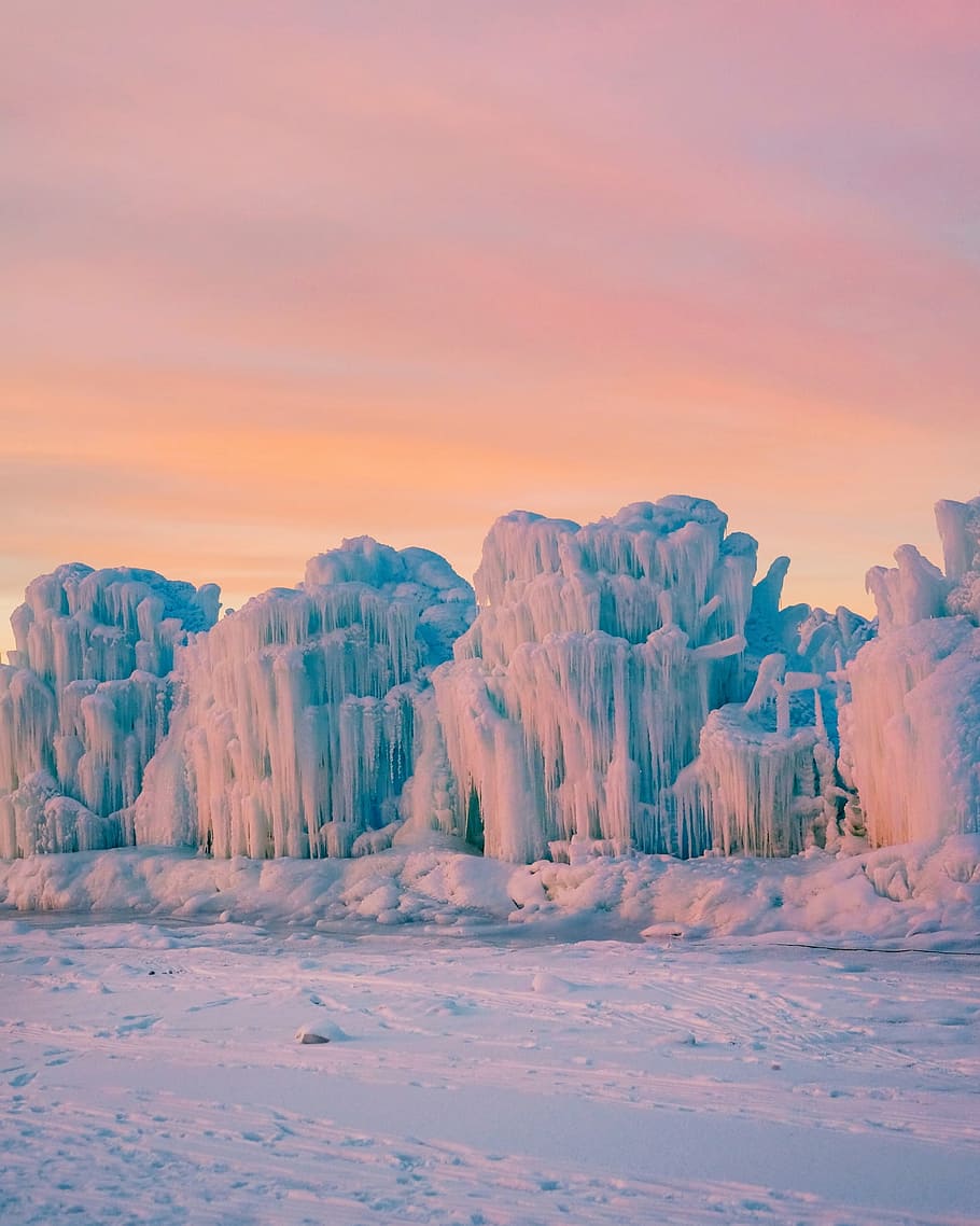 белый, ледники, красный, небо, природа, лед, холод, пастель, спокойная сцена, сцена - природа