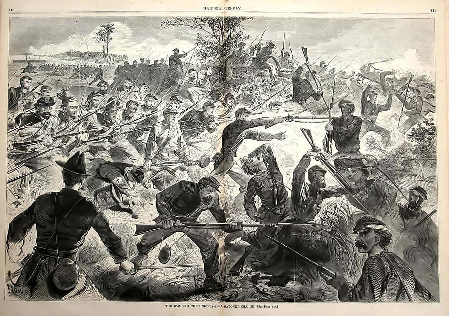 executando, carga de baioneta, 1862, batalha, forças da união, baioneta, carga de bayoney, carga, domínio público, soldados