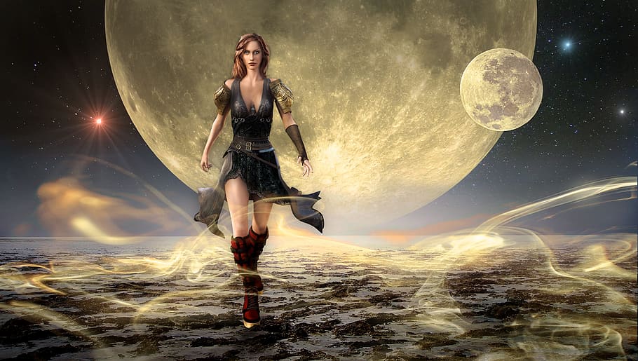 brown, haired, female, cartoon character, fantasy, moon, mystical, fairy tales, atmospheric, night
