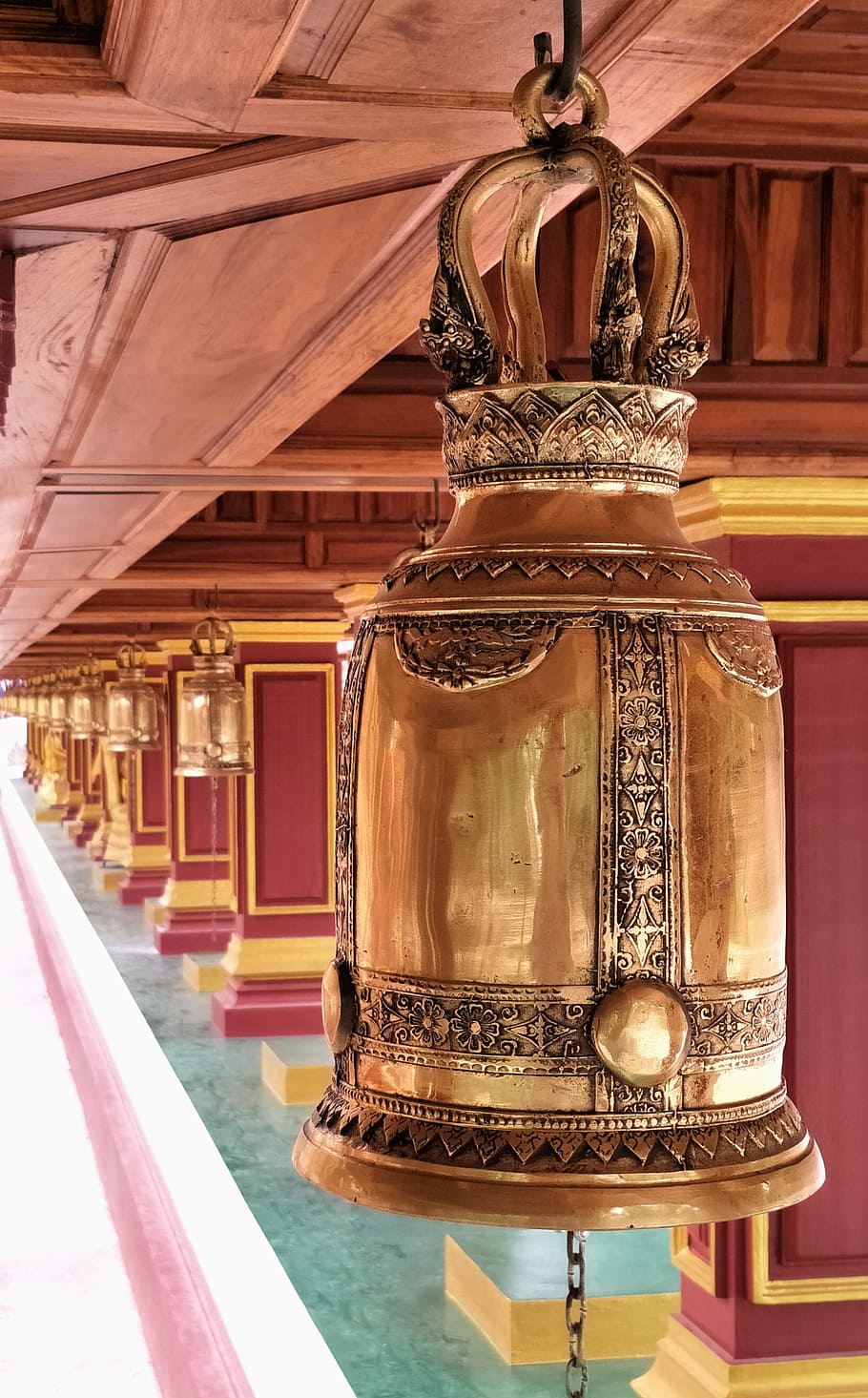 buddhist, temple, thailand bell, row, line, brass, decorative, gold, travel, buddha