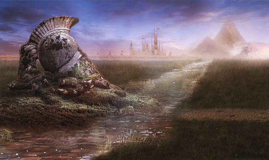 helmet statue, far, away, pyramid, matte painting, stock background, painting, fantasy, landscape, grass