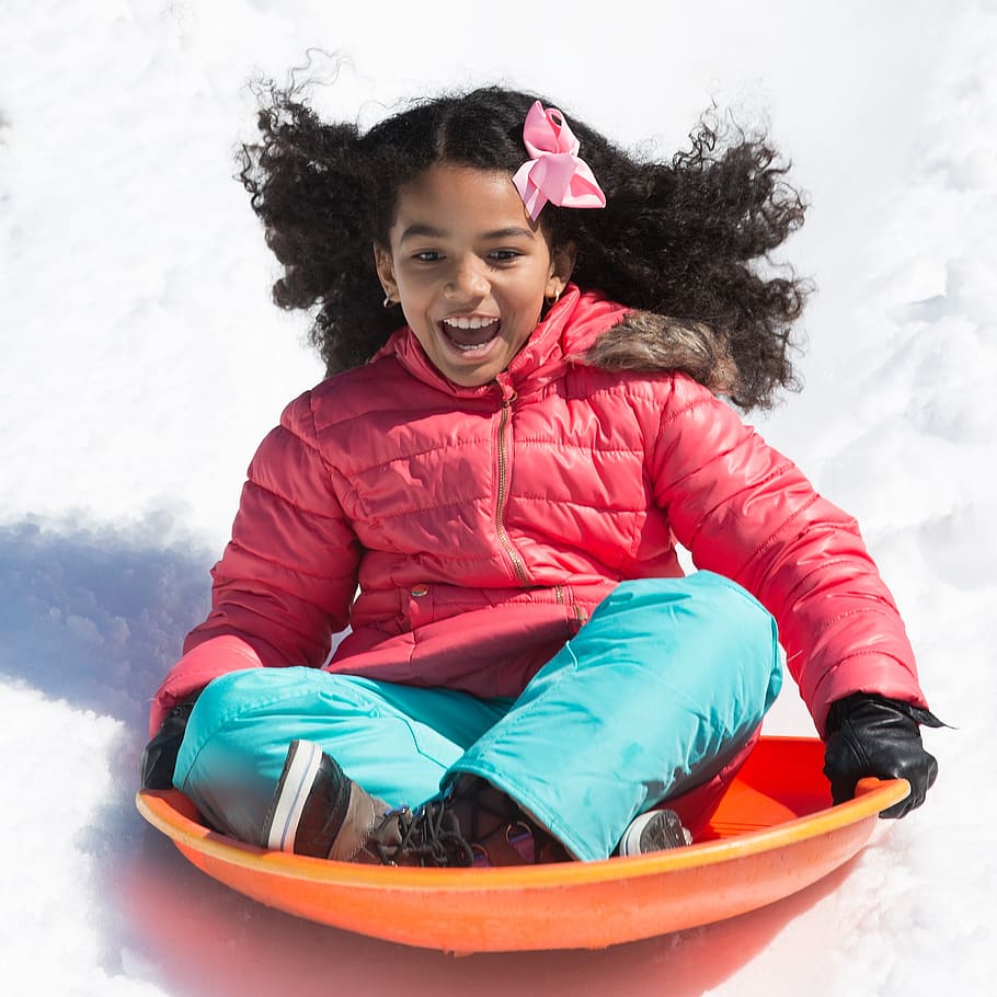 snow, sled, fun, winter, childhood, child, cold temperature, leisure activity, happiness, front view
