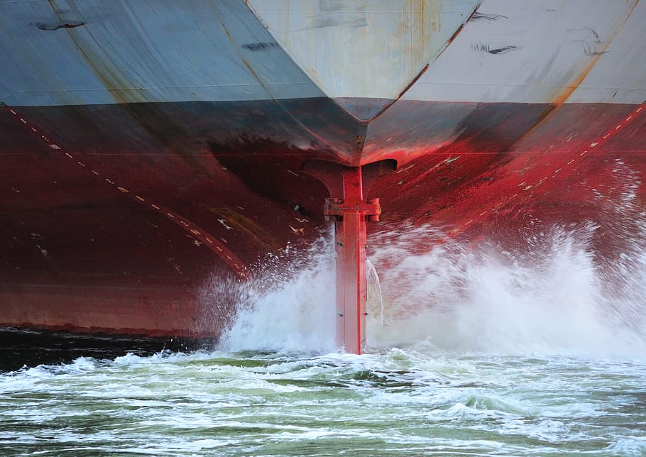 ship, stern, propeller, spray, maritime, port, sea, water, motion, power in nature