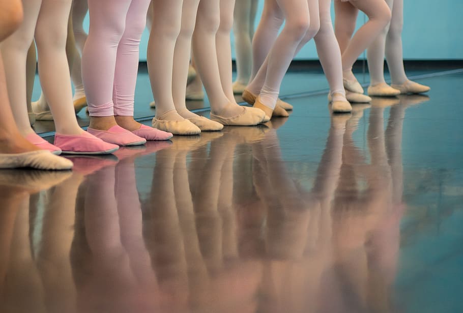 ballerinas, wearing, leggings, shoes, reflecting, wood floor, ballerina, ballet, girls, reflection