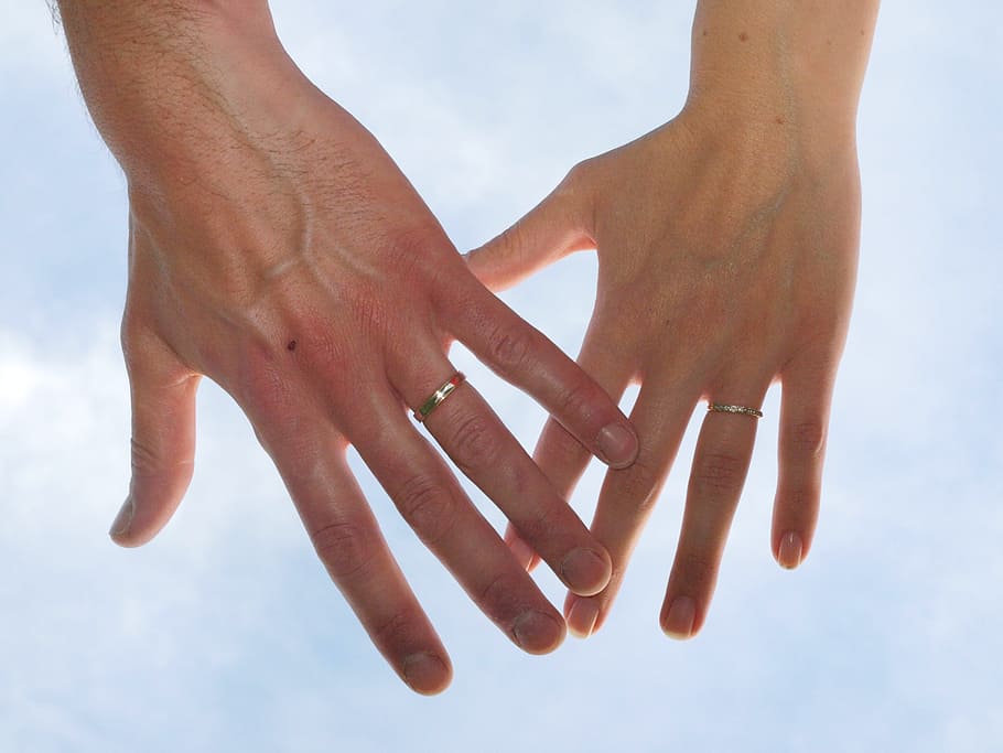 low-angle photography, two, person, hand, Wedding, Alliance, Union, Love, sky, in love