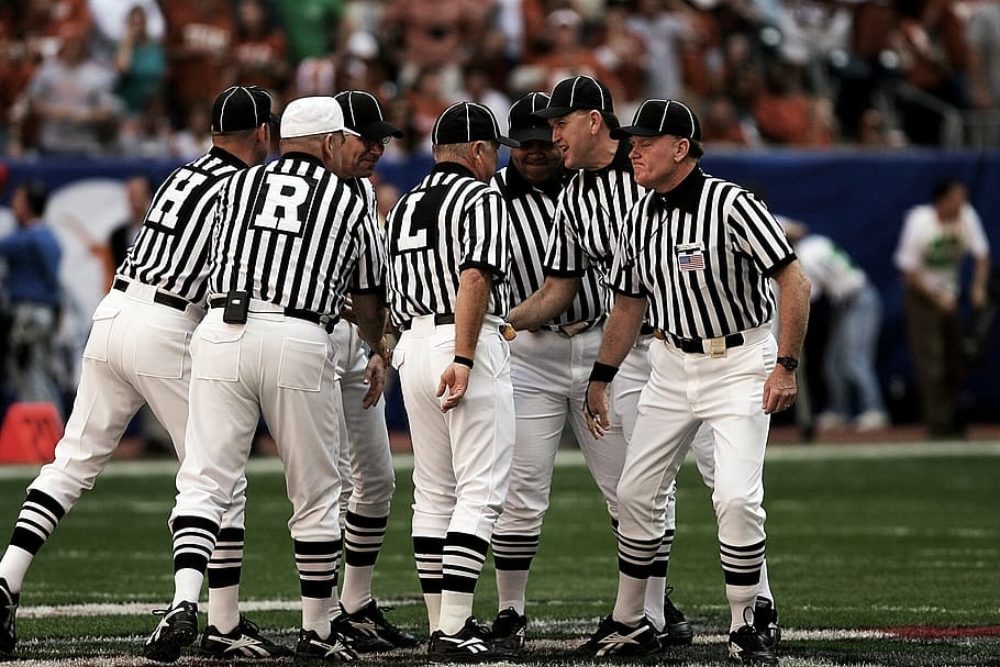 group, referees, standing, ground, american football, referee, team, american football field, athletic, men