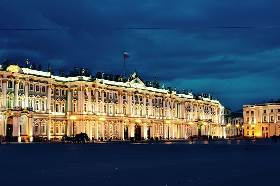 white lighted house, russia, hermitage, saint, petersburg, museum, palace, architecture, building, tourism