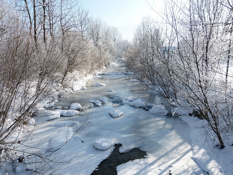 winter field, winter, river, frozen, snow, bank, nature, wintry, frost, snowy