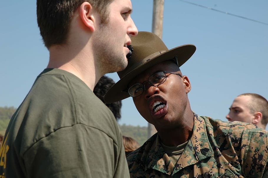 man, wearing, hat, eyeglasses, military, drill instructor, instructions, training, teach, authority