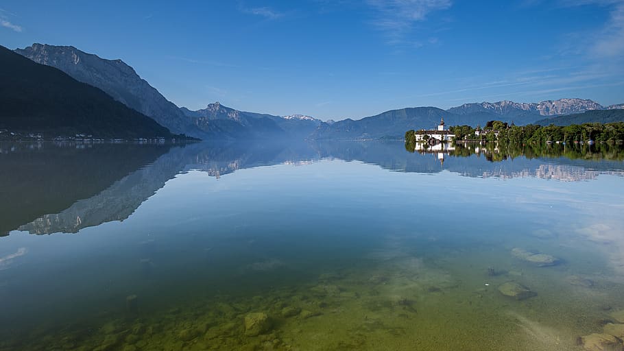 gmunden, salzkammergut, landscape, mountains, alpine, austria, water, mirroring, reflection in water, reflection