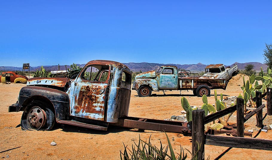 oxidado, vehículos, desierto, inoxidable, accidente automovilístico, atrevimiento, viejo, namibia, automóvil, accidente