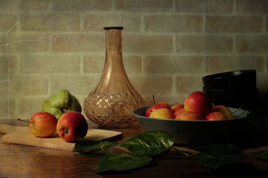 food, still life, table, fruit, wood, rustic, wooden, apple, grow, bowl
