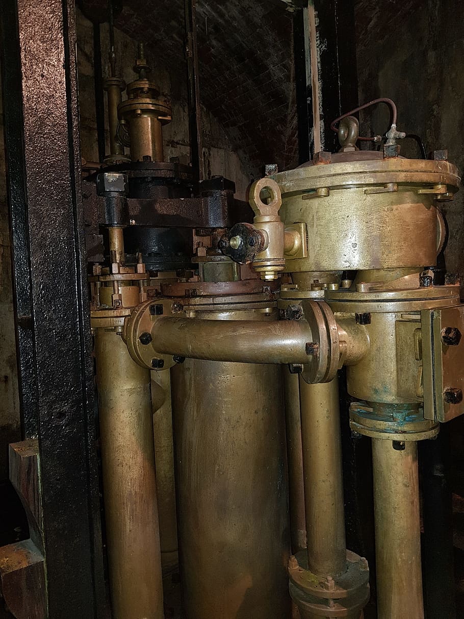 old saline, water, pump, metal, pressure, machinery, indoors, machine part, industry, factory