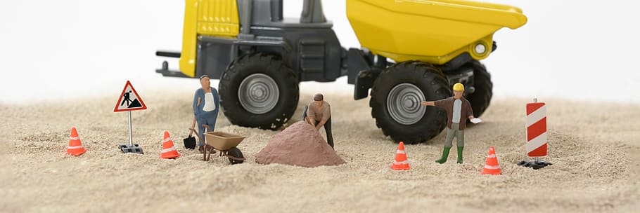 black, yellow, tractor, three, person figure, white, sand, site, construction workers, build