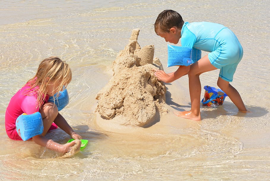 мальчик, девушка, строить, замок из песка, дети, люди, пляж, лето, Ребенок, море