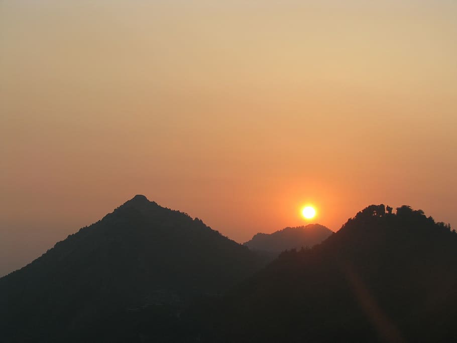 pôr do sol laranja, montanhas, mussoorie, himachal, himalaia, natureza, índia, cenário, vale, paisagem