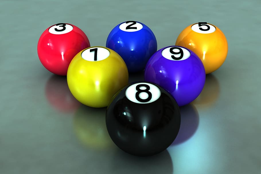 bola, biliar, 3d, olahraga, angka, bola biliar, di dalam ruangan, meja, multi-warna, sekelompok objek