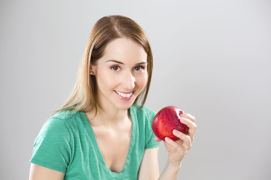 woman, holding, red, apple, health, diet, meals, collation, girl, portrait