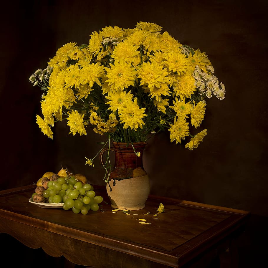 yellow, flowers centerpiece, beige, brown, ceramic, vase, still life, flowers, plants, plant