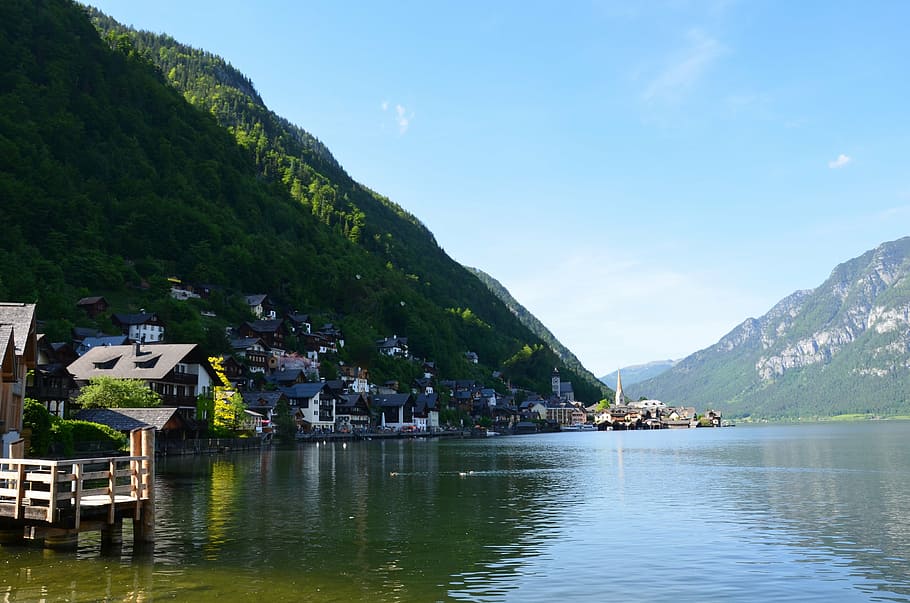 austria, hallstatt, may 2015, water, river, lake, mountains, green, forest, village