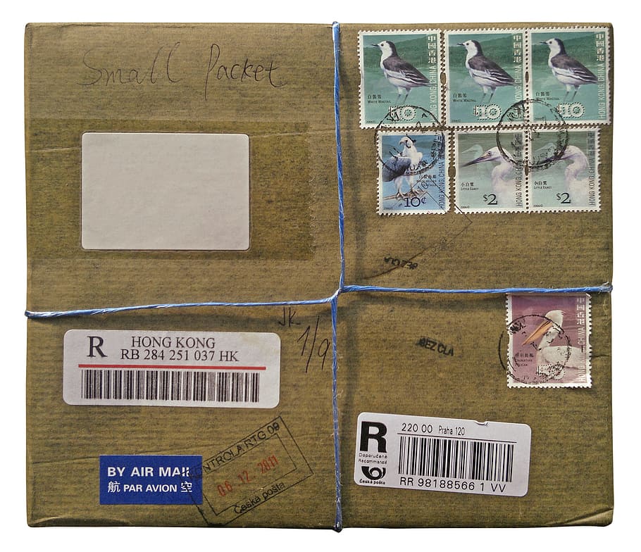 paquete, par avion, sellos, correos, papel, sello postal, ninguna persona, comunicación, texto, colección