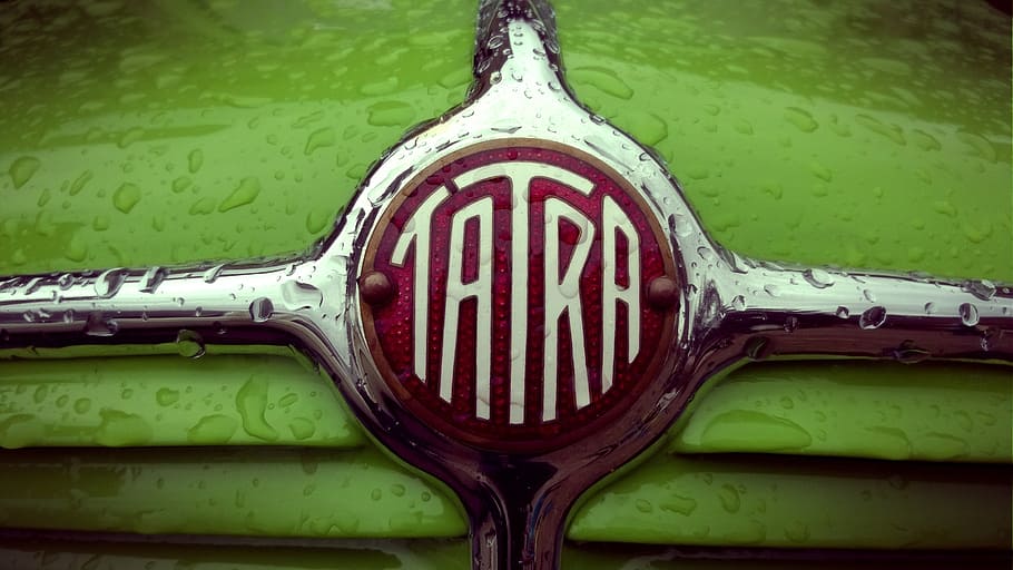 tatra, vintage, classic car, oldtimer, sign, auto, drops, green, close-up, text