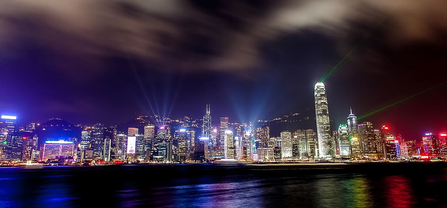 edificios de la ciudad, noche, hong kong, horizonte, edificios, arquitectura, ciudad, urbano, torres, rascacielos