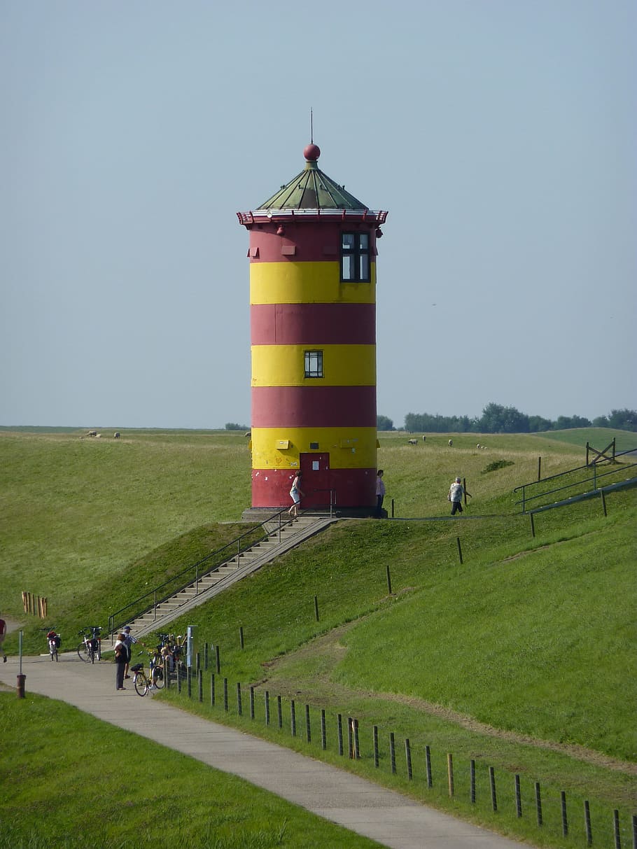 Lighthouse, Dike, North Sea, sea, dike road, northern germany, otto walkes, germany, baltic sea, grass