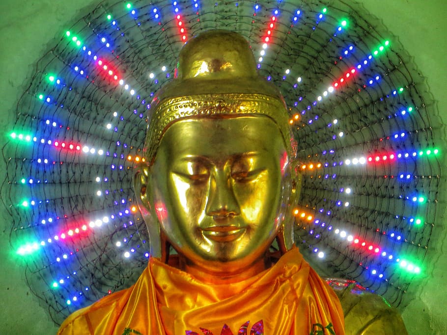 Buddha, Burma, schwedaggon, gold colored, front view, futuristic, illuminated, yellow, technology, representation