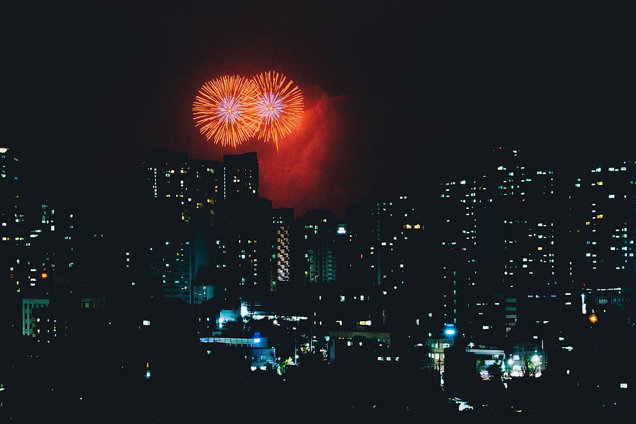 seoul, south, korea, Fireworks, Skyscrapers, South Korea, photos, night, public domain, skyline
