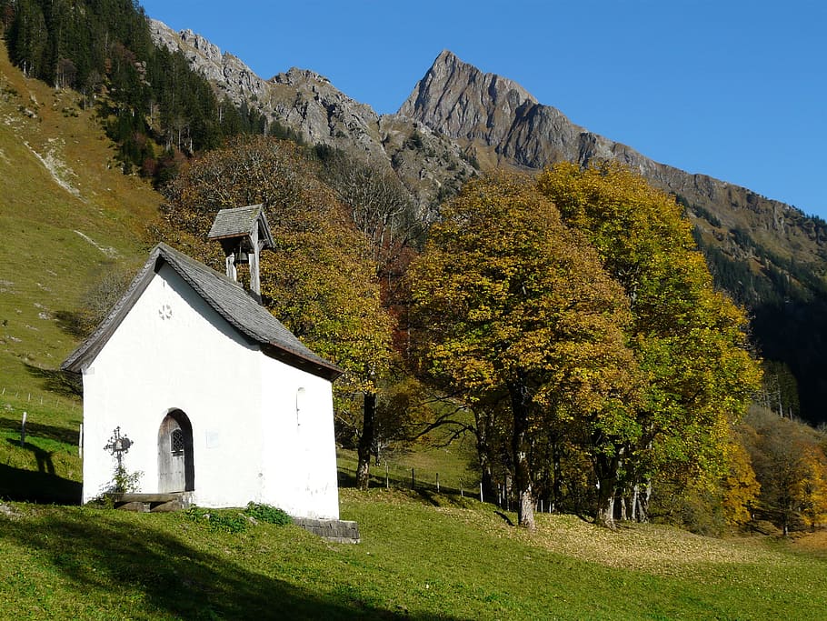 Capela, montanhas, paisagem, postkartenmotiv, imagem do calendário, idílio, vale dieter seebach, allgäu, alpino, alemanha