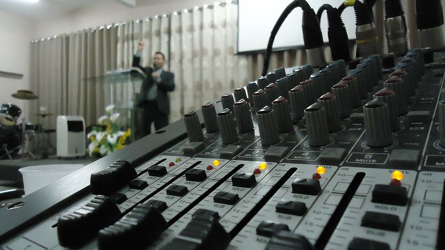 table, sound, mixer, pastor, church, electronics, audio equipment, mixing board, audio, buttons