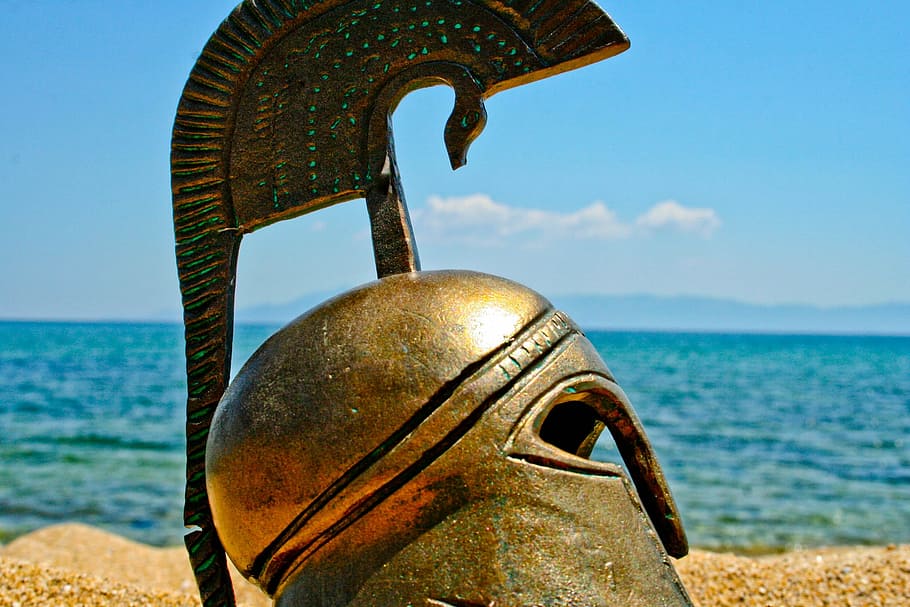 primer plano, fotografía, vendimia, casco, cuerpo, agua, durante el día, Grecia, antigua, espartano