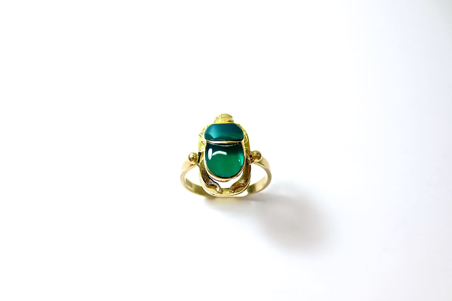 gold-colored, green, gemstone ring, scarab, gold, beetle, insect, nature, bug, shiny