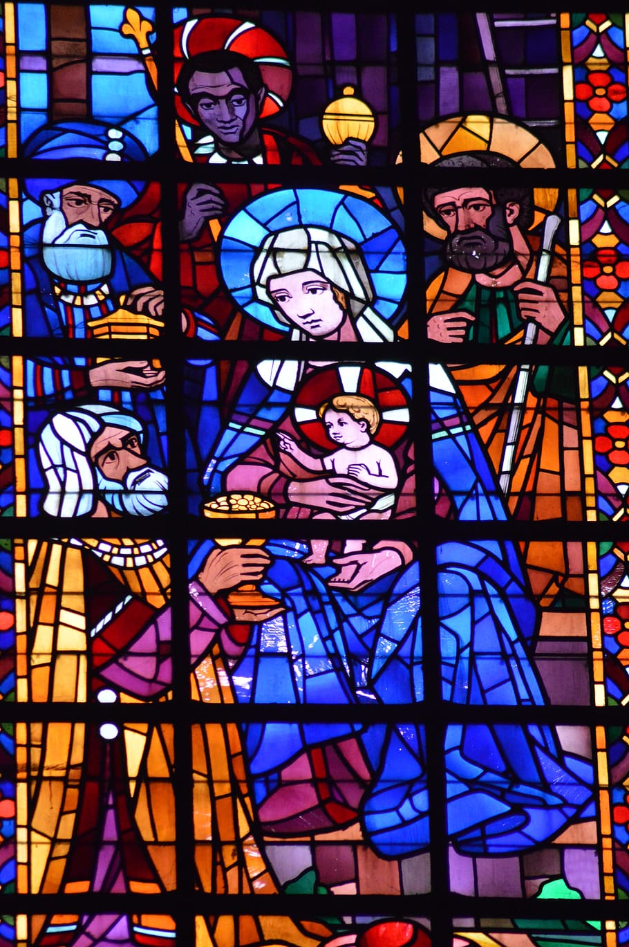 stained glass, window, church, kings, magi, gifts, jesus, baby, mary, joseph