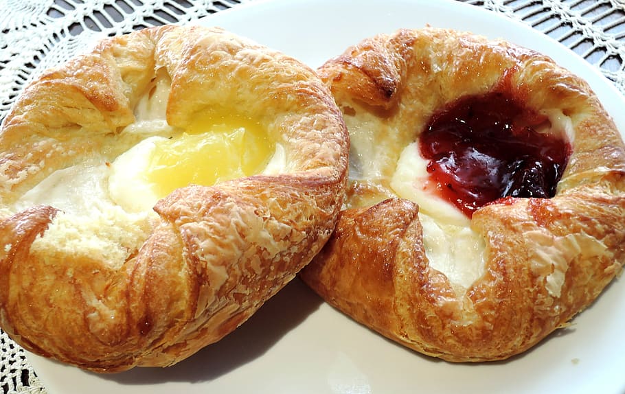 two, breads, Danish Pastry, Pastry, Cream, Cream Cheese, Jam, lemon filling, sweet food, dessert, food and drink