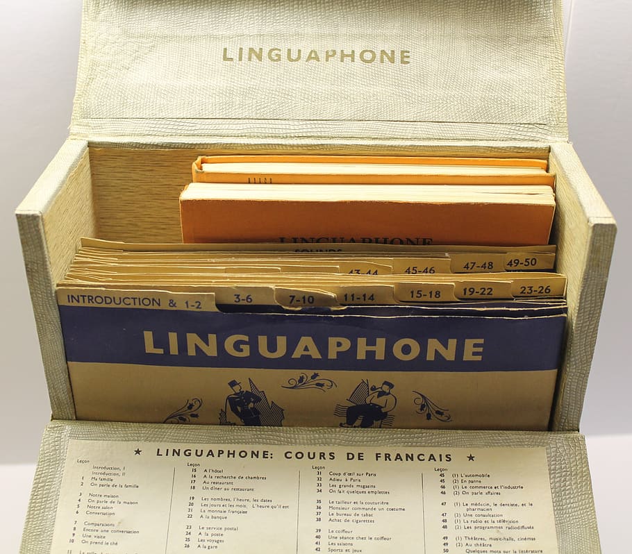 education, historic, old, linguaphone, learn, language, speak french, collector, vinyl record, text