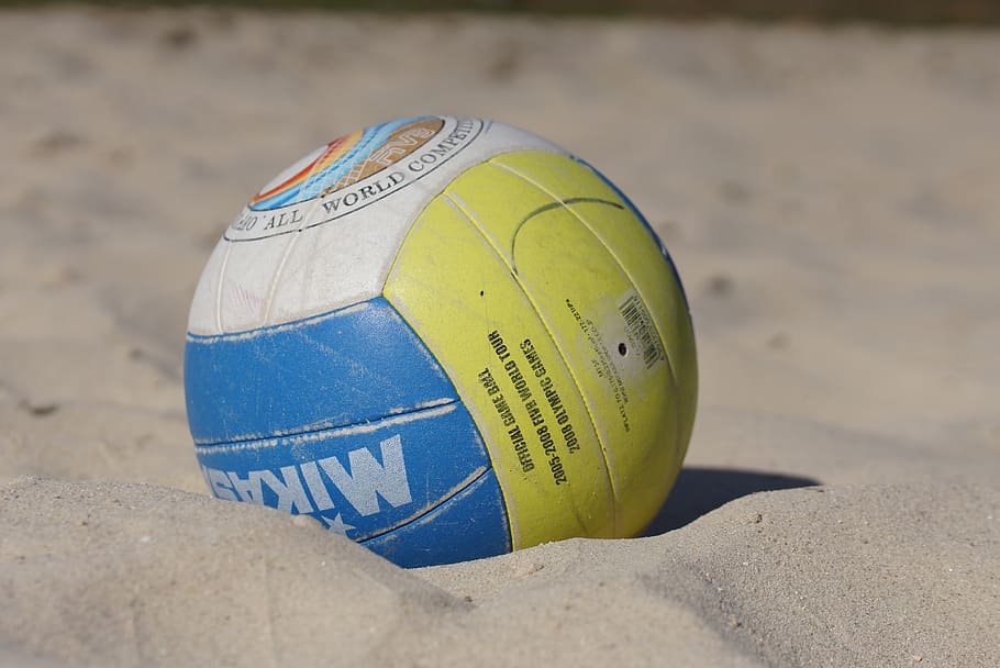 white, blue, yellow, mikasa volleyball, sand, ball, beach, volleyball, sport, play