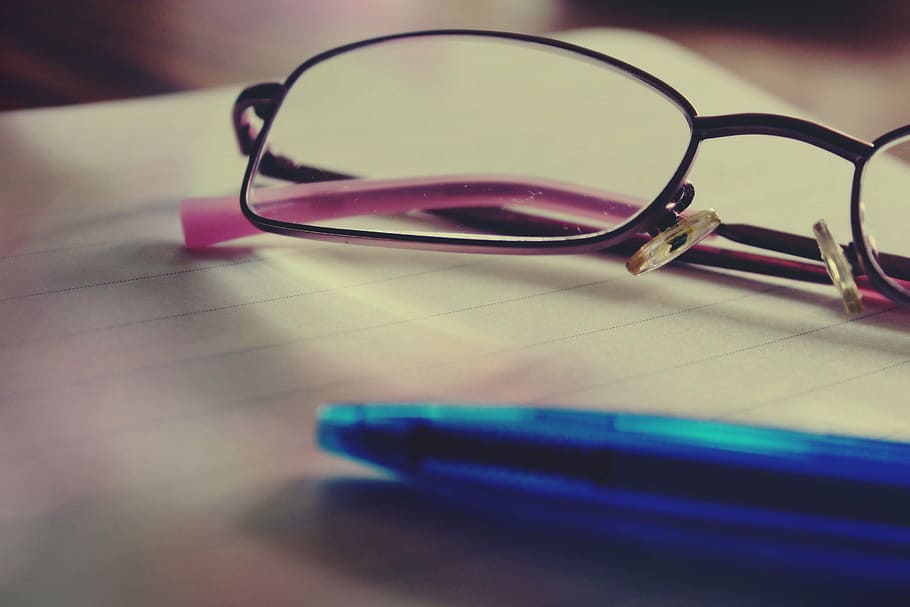 shallow, focus photography, eyeglasses, blue, ballpoint pen, glasses, notepad, pen, coolie, note